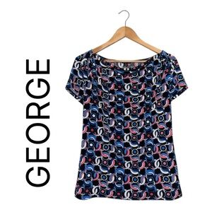 GEORGE Short Sleeve Blouse Geometric Circles Print Cowl Neck Top Career Women S